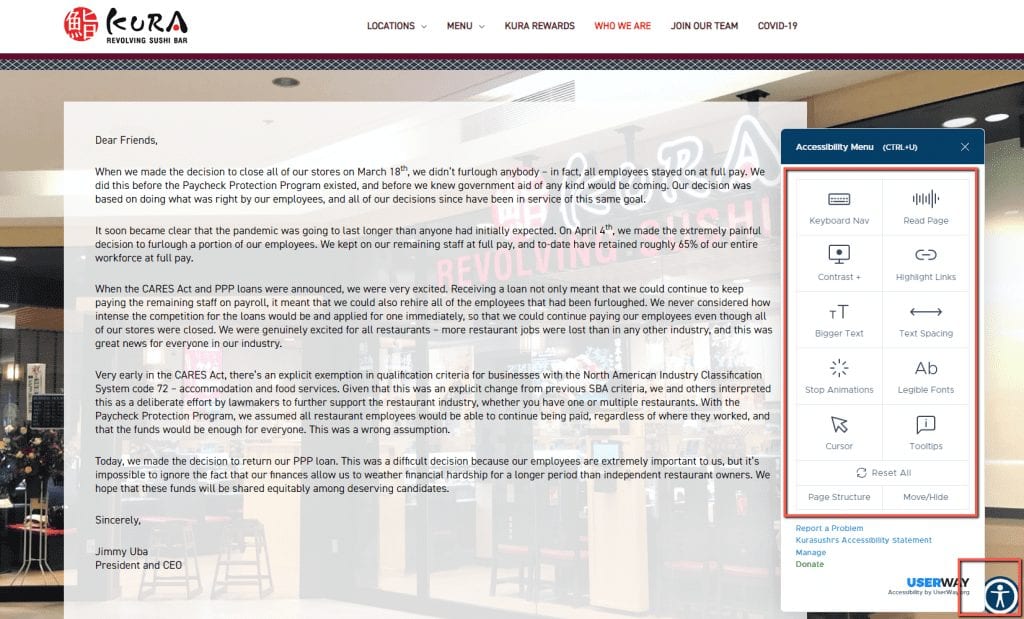 userway accessibility widget kura website example