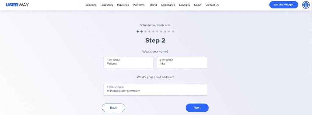 userway widget questionnaire step 2