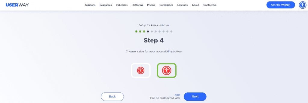 userway widget questionnaire step 4 choose widget size