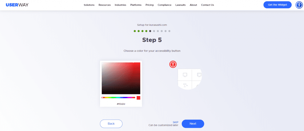 userway widget questionnaire step 5 choose widget color