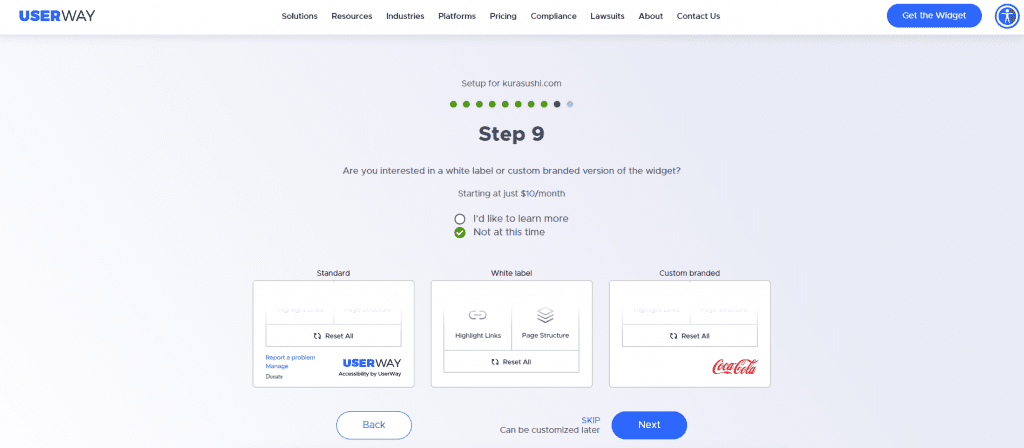 userway widget questionnaire step 9 branded widget